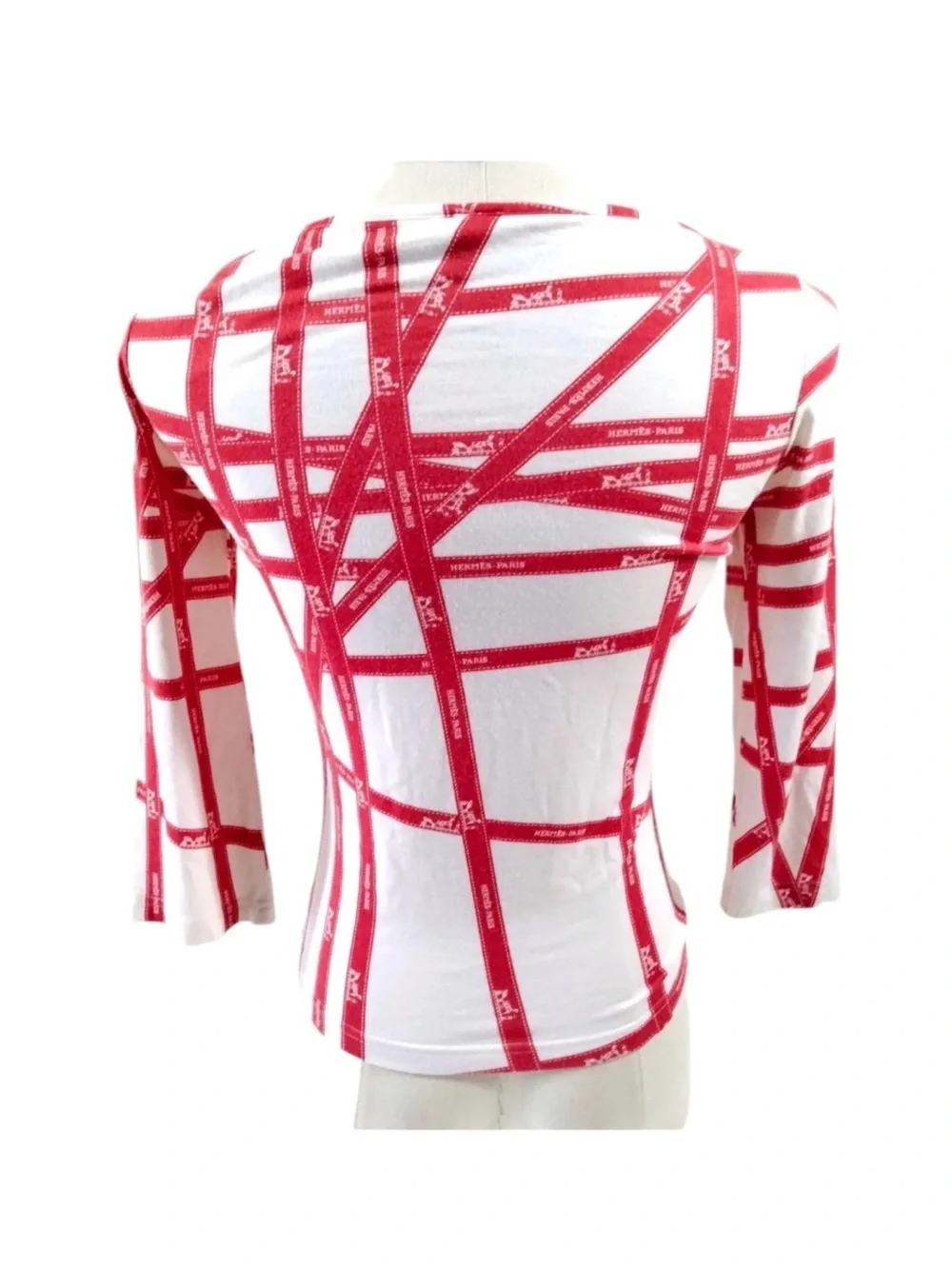 VINTAGE HERMES Red & White Grid-Print Scoop Neck Top Size S - Picture 6 of 11